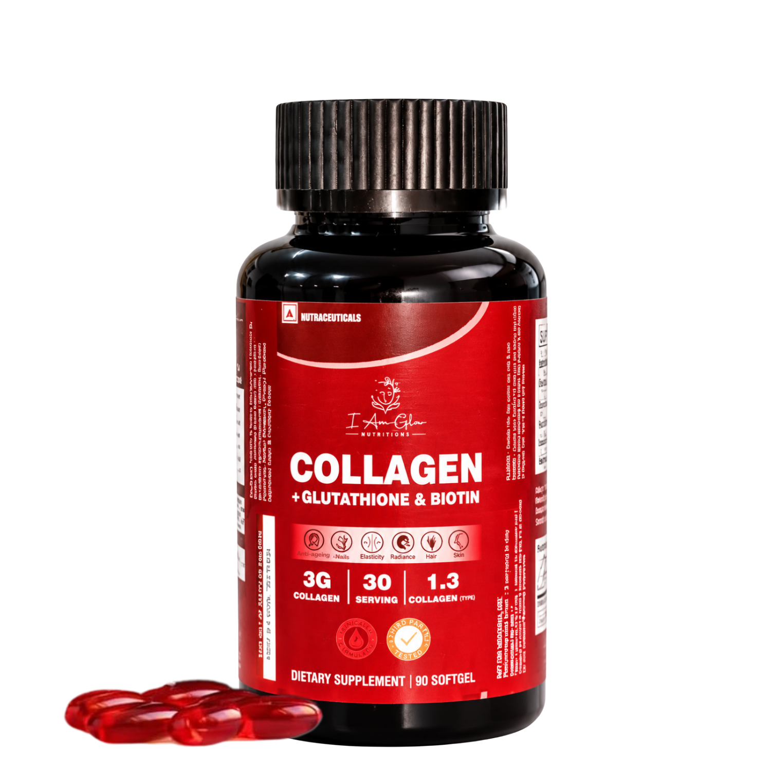 I Am Glo Nutritions — Collagen + Glutathione & Biotin | 90 Softgel Capsules | Skin, Hair & Nail Support