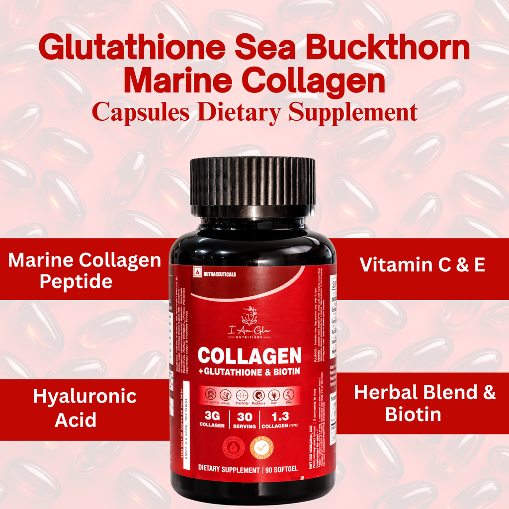 I Am Glo Nutritions — Collagen + Glutathione & Biotin | 90 Softgel Capsules | Skin, Hair & Nail Support