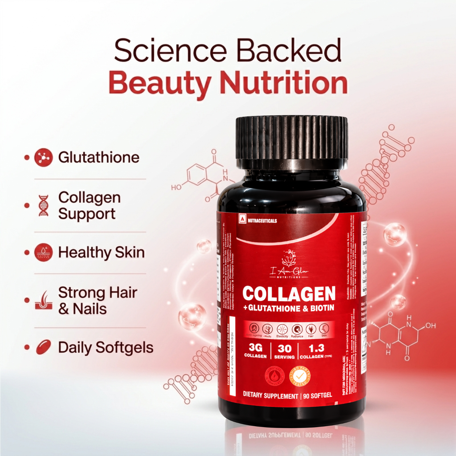 I Am Glo Nutritions — Collagen + Glutathione & Biotin | 90 Softgel Capsules | Skin, Hair & Nail Support