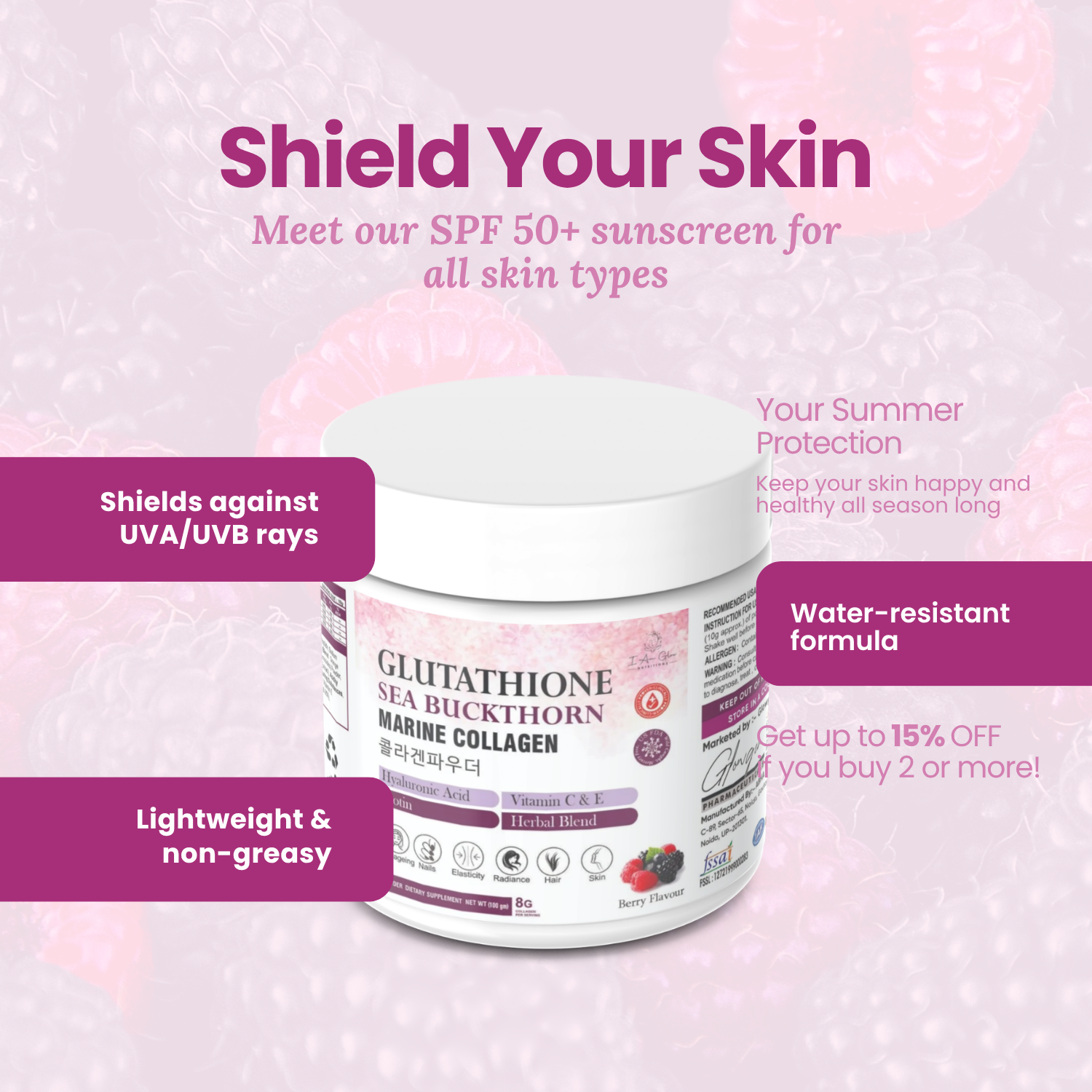 Glow Glutathione Sea Buckthorn Marine Collagen Powder - Berry Flavour
