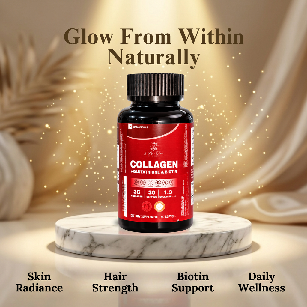 I Am Glo Nutritions — Collagen + Glutathione & Biotin | 90 Softgel Capsules | Skin, Hair & Nail Support