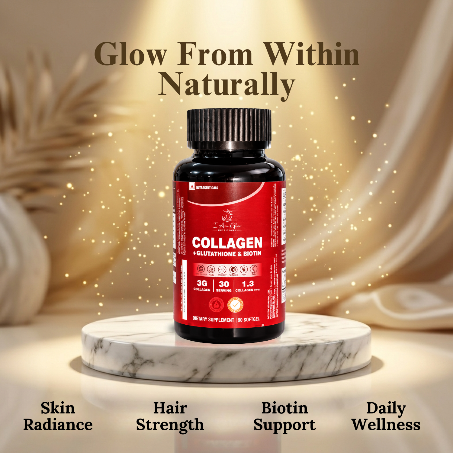 I Am Glo Nutritions — Collagen + Glutathione & Biotin | 90 Softgel Capsules | Skin, Hair & Nail Support