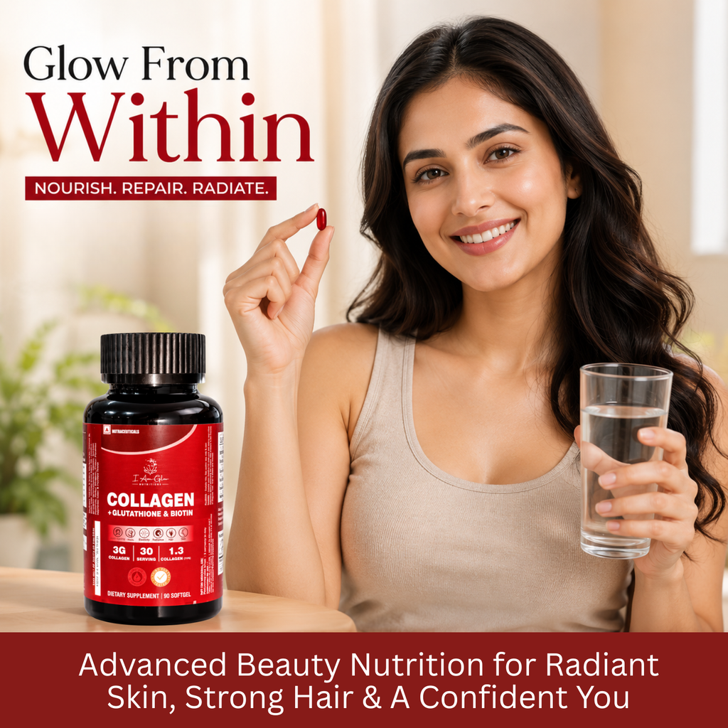 I Am Glo Nutritions — Collagen + Glutathione & Biotin | 90 Softgel Capsules | Skin, Hair & Nail Support