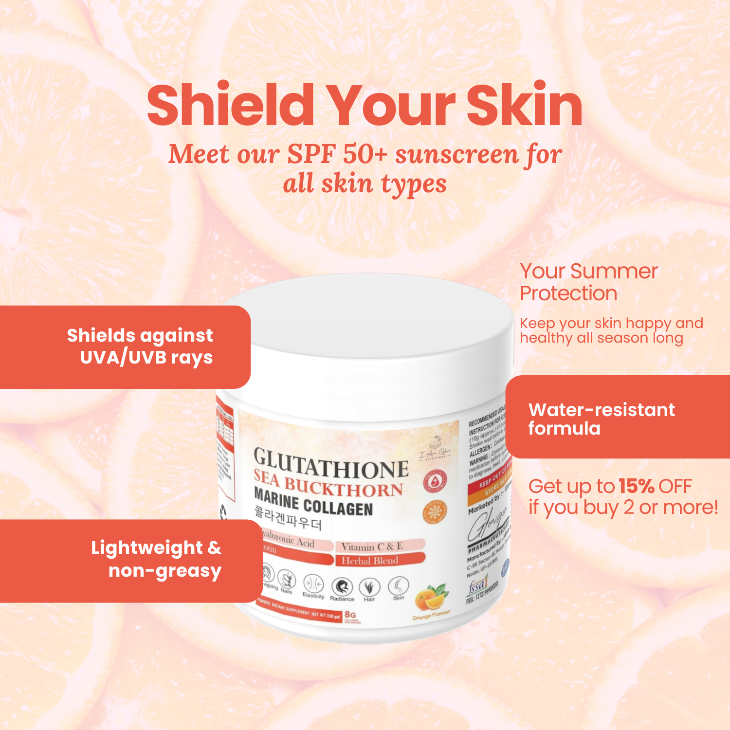 Glow Glutathione Sea Buckthorn Marine Collagen Powder - Orange Flavour