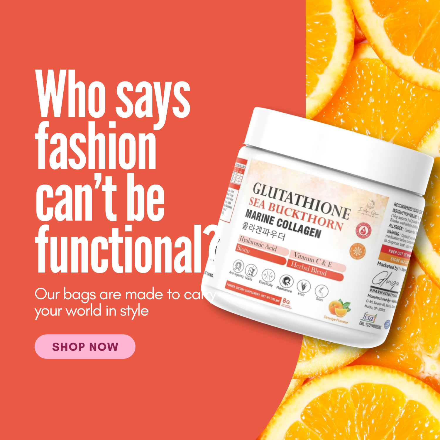 Glow Glutathione Sea Buckthorn Marine Collagen Powder - Orange Flavour